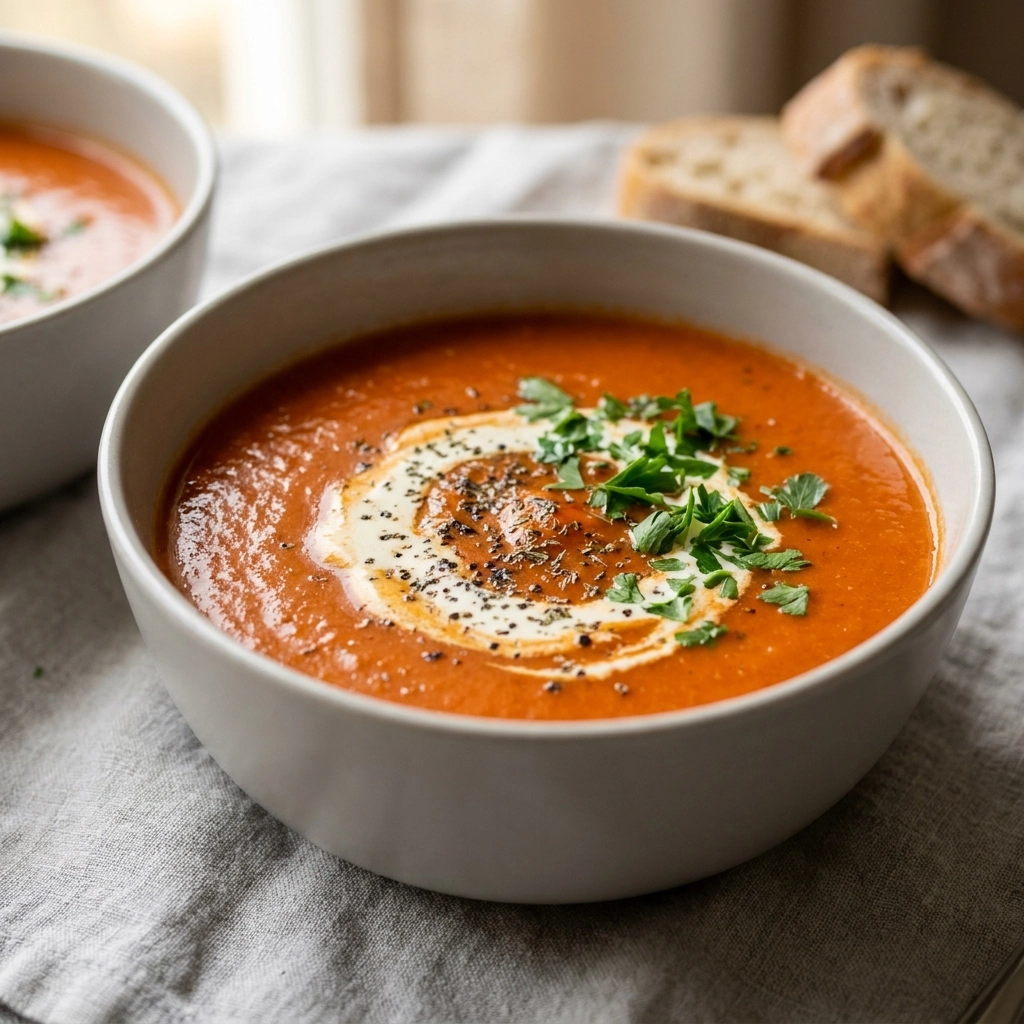 Velvety Creamy Tomato Soup with Fresh Basil | Easy Homemade Tomato Soup Recipe