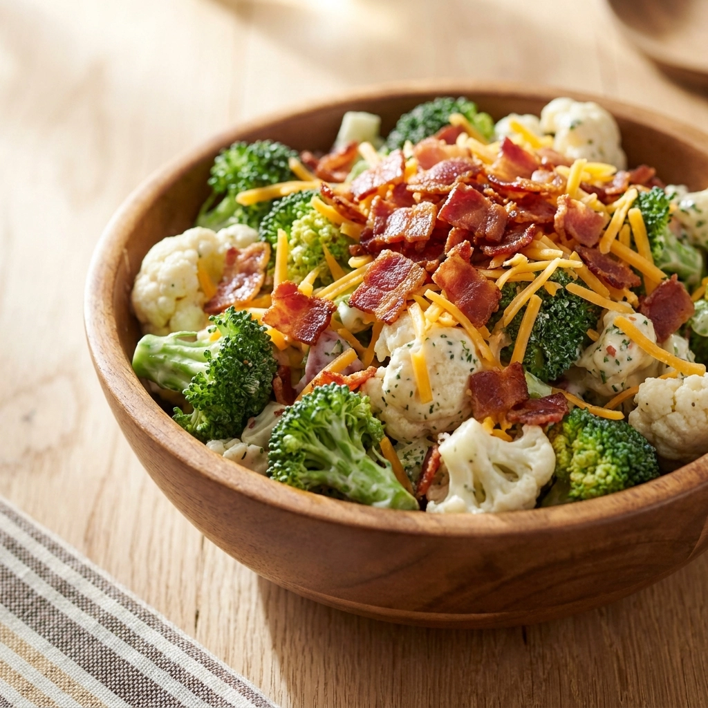 Loaded Broccoli Cauliflower Salad with Creamy Dressing | Healthy Veggie Side Dish