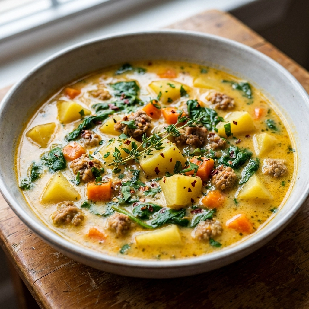 Hearty Italian Sausage Potato Soup with Carrots & Spinach | Easy Comfort Food Dinner