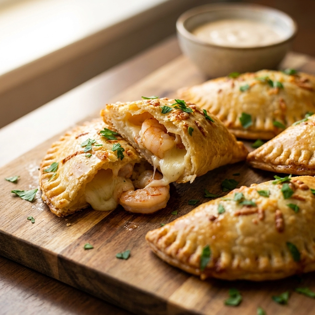 Golden Cheesy Shrimp Empanadas with Garlic Herb Dip | Easy Seafood Appetizer Recipe