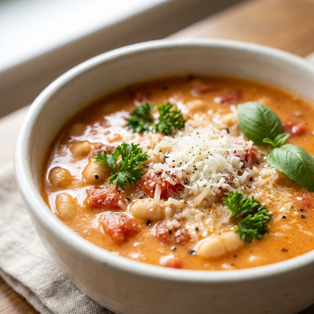 Creamy Parmesan Tomato Cannellini Bean Soup | Healthy High Protein Vegan Soup