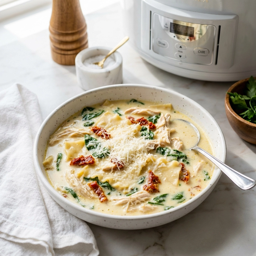 Slow Cooker White Chicken Lasagna Soup | Creamy Comfort Food Dinner Idea