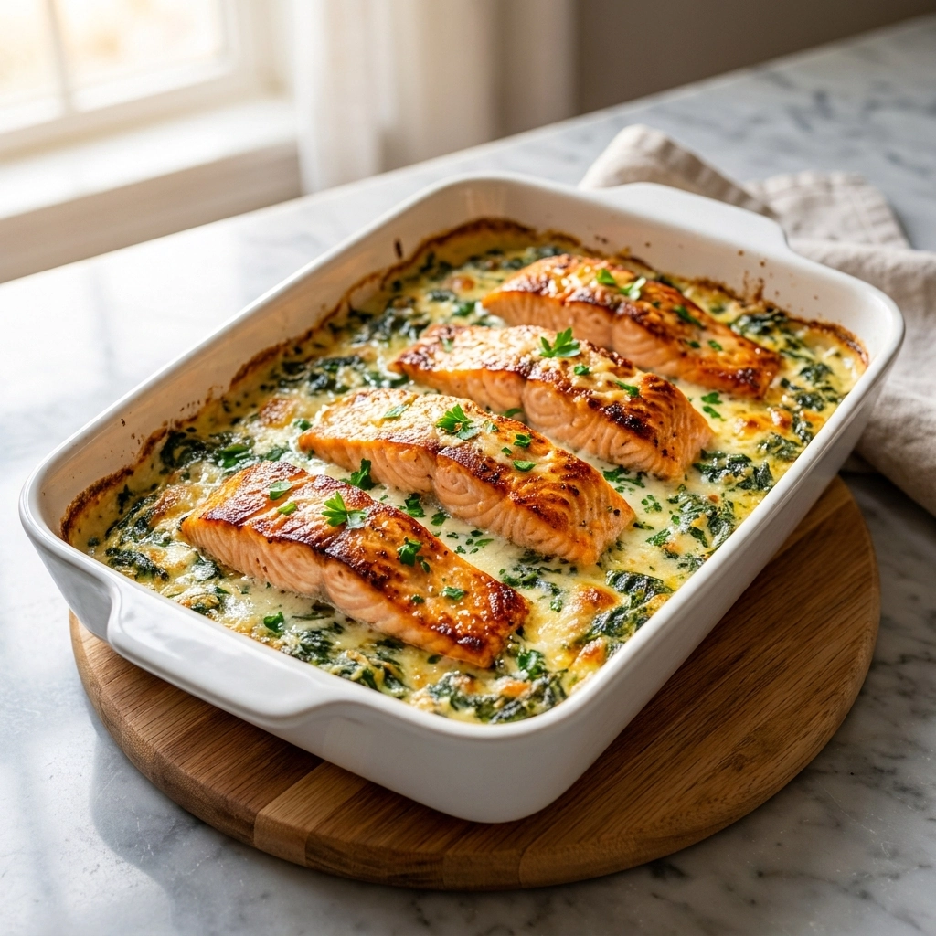 Creamy Spinach Parmesan Salmon Bake | Easy Healthy Dinner Idea