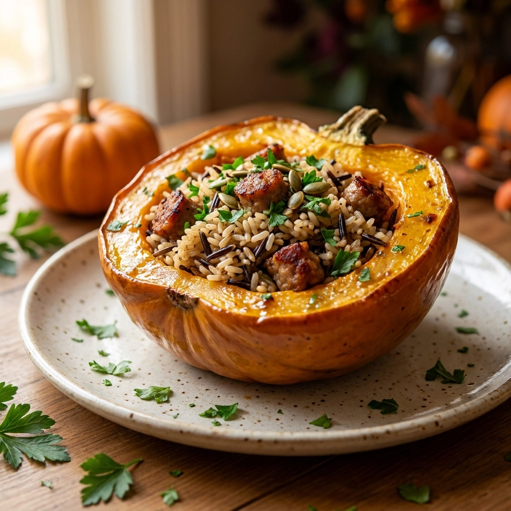 Cozy Roasted Pumpkin Stuffed with Wild Rice & Sausage | Fall Dinner Ideas