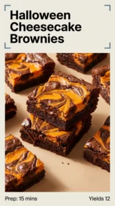 Square slices of chocolate brownie topped with creamy cheesecake swirls, garnished with orange sprinkles and small Halloween themed candies.