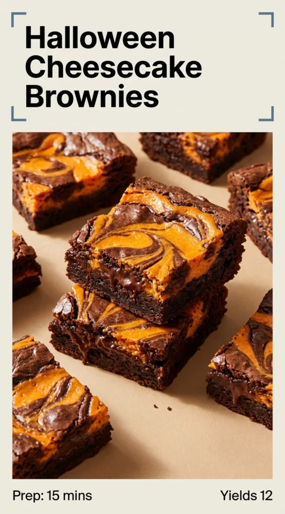 Square slices of chocolate brownie topped with creamy cheesecake swirls, garnished with orange sprinkles and small Halloween themed candies.