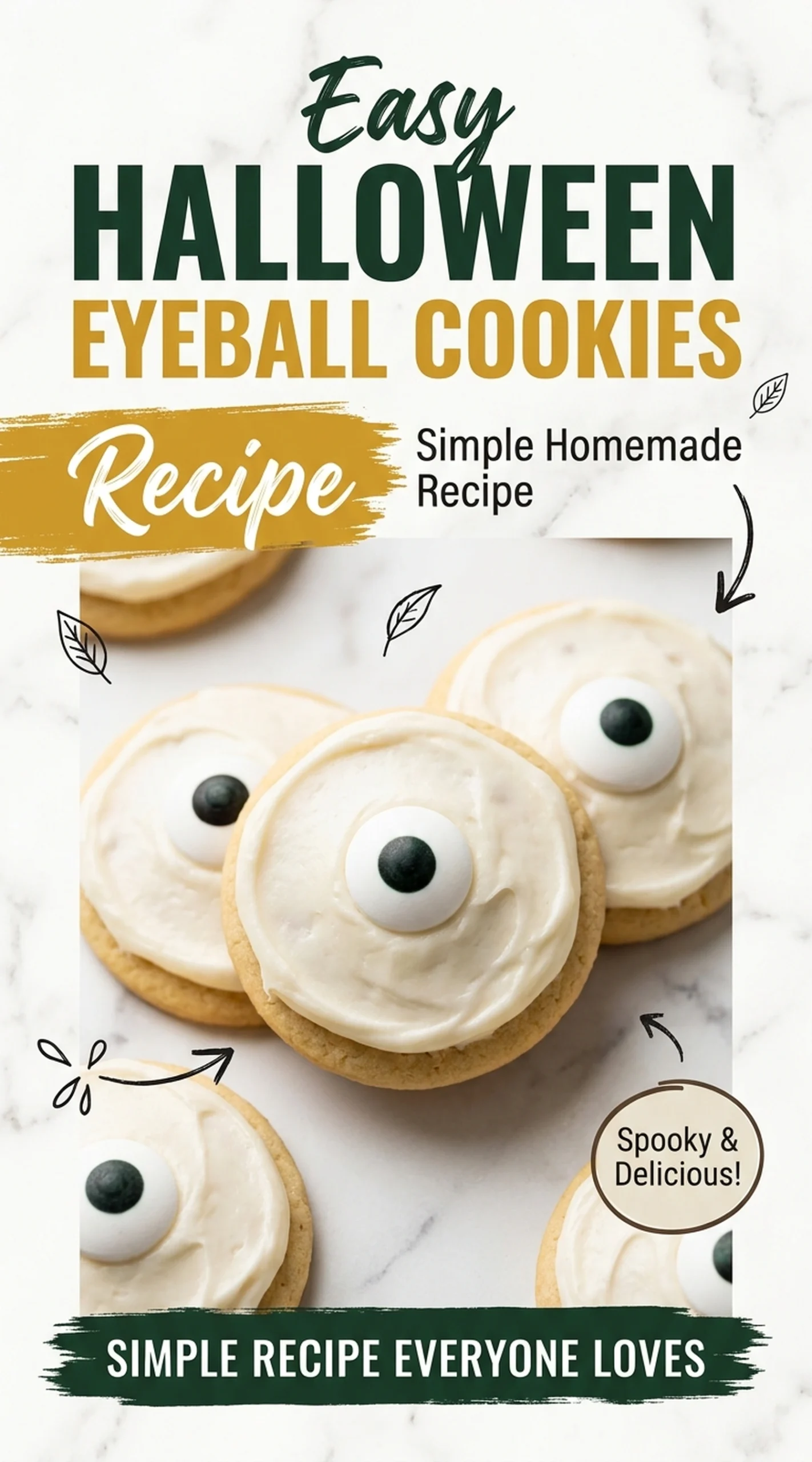 Round sugar cookies topped with white frosting and blue candy eyes, decorated with red icing veins for Halloween.