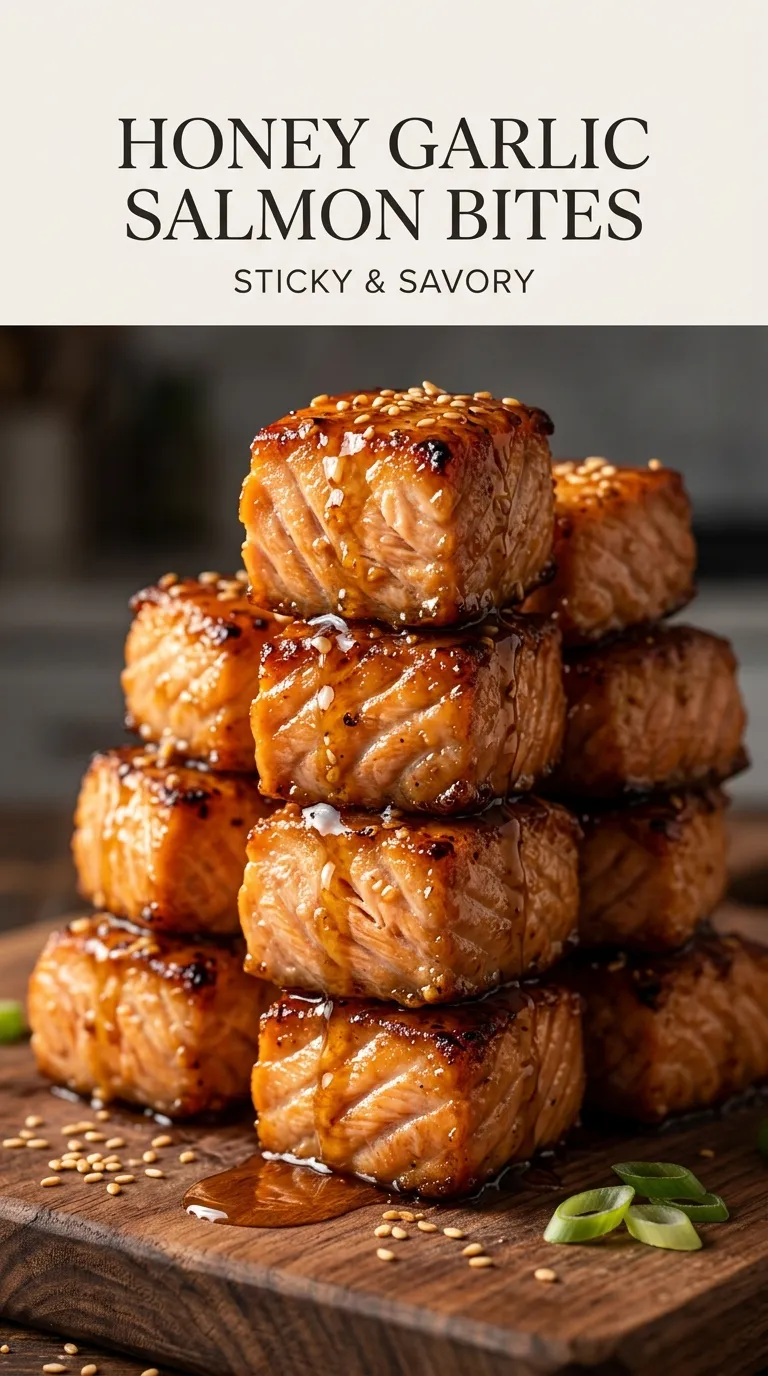 Glazed crispy salmon bites tossed in honey garlic sauce, garnished with sesame seeds and green onions on a platter.