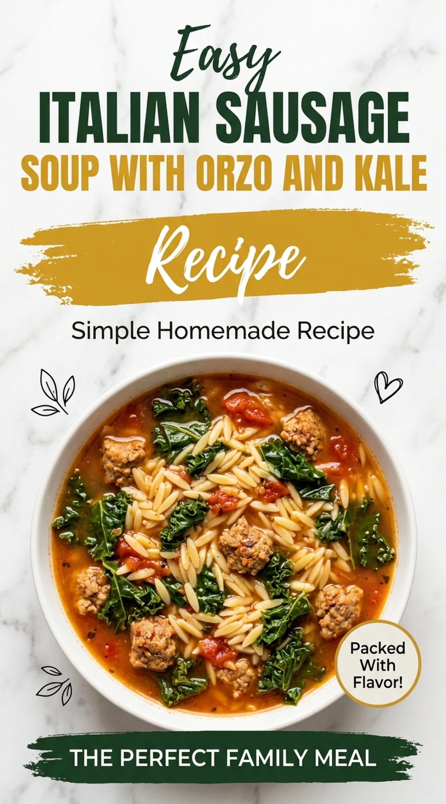 A white bowl of Italian sausage soup with orzo, chopped kale, and carrots, topped with grated parmesan cheese.