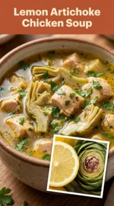 A bowl of creamy lemon artichoke chicken soup topped with fresh parsley and a lemon slice on a rustic table.