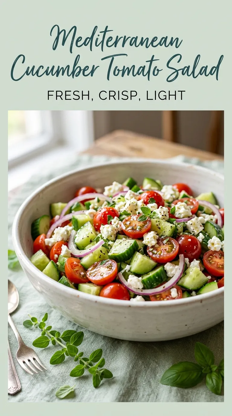 Fresh Mediterranean salad with sliced cucumbers, cherry tomatoes, red onion, and crumbled feta cheese tossed in olive oil.