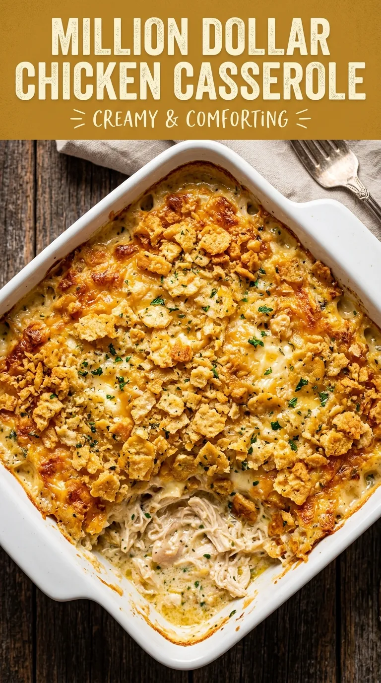 Creamy chicken casserole with melted cheese and a golden brown topping served in a white baking dish.