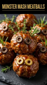 Meatballs shaped like monsters with cheese eyes and olive mouths, served on a platter with a side of sauce.