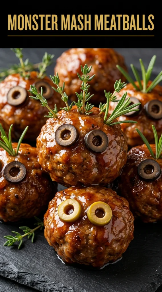 Meatballs shaped like monsters with cheese eyes and olive mouths, served on a platter with a side of sauce.