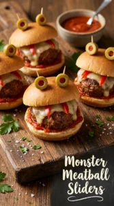 Meatball sliders on buns with melted cheese, featuring olive eyes and pepper strips to look like spooky monsters.