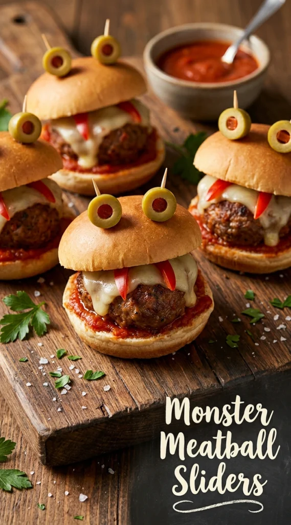 Meatball sliders on buns with melted cheese, featuring olive eyes and pepper strips to look like spooky monsters.