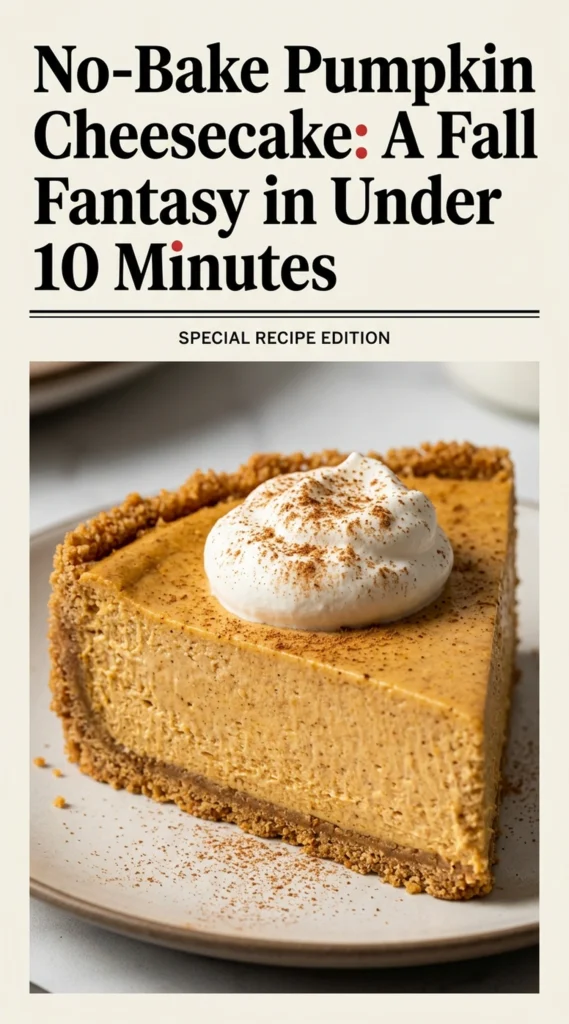 A slice of no-bake pumpkin cheesecake with a graham cracker crust, topped with whipped cream and a cinnamon stick.
