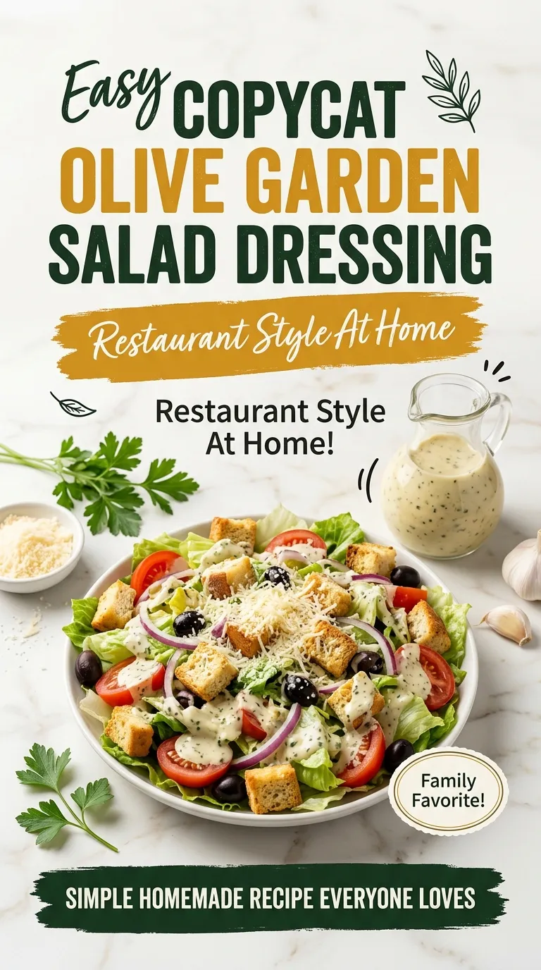 A clear glass jar of Italian vinaigrette dressing next to a fresh salad with lettuce, black olives, and pepperoncini.