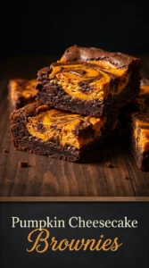 Square slices of fudgy chocolate brownies topped with swirls of creamy orange pumpkin cheesecake in a baking pan.