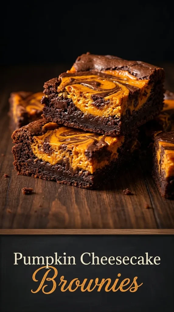 Square slices of fudgy chocolate brownies topped with swirls of creamy orange pumpkin cheesecake in a baking pan.