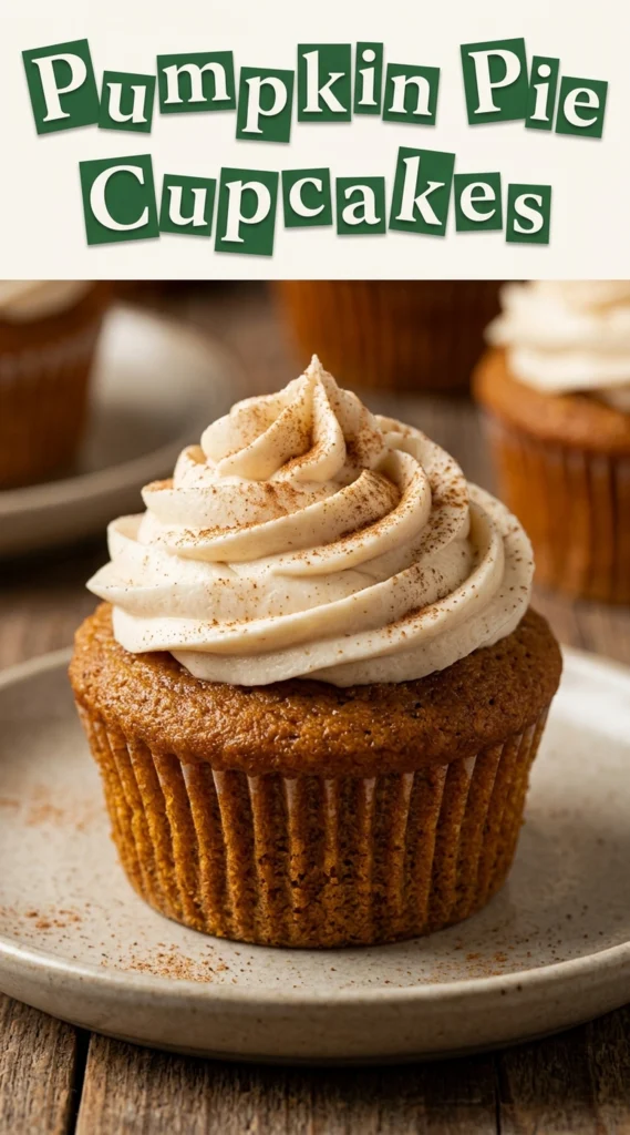 Pumpkin pie cupcakes topped with swirls of cream cheese frosting and a sprinkle of cinnamon on a rustic platter.