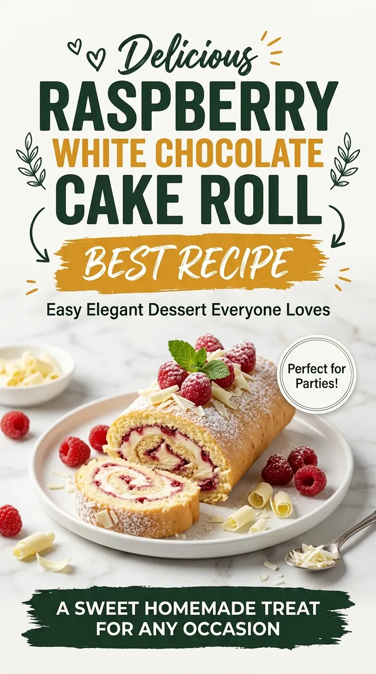 A sliced raspberry white chocolate cake roll with white frosting, filled with fresh raspberries and white chocolate cream filling.