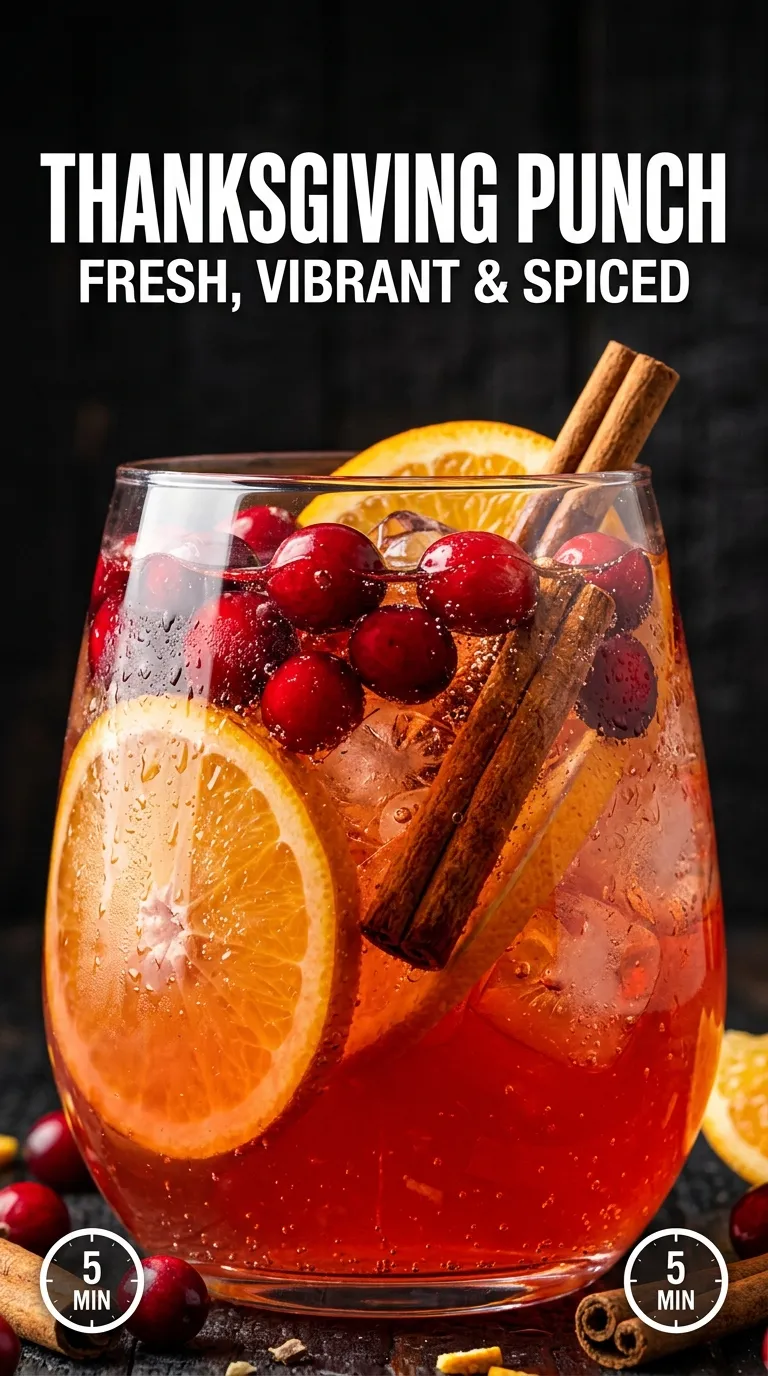 A glass pitcher of sparkling amber punch garnished with apple slices, cinnamon sticks, and fresh cranberries on a table.