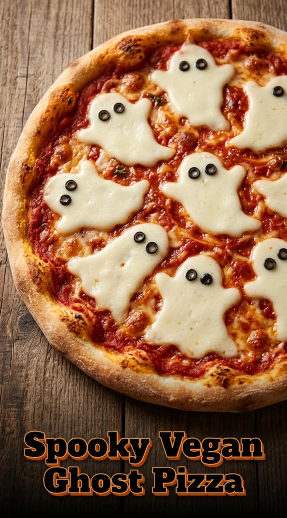 Five vegan pizzas topped with melted white vegan cheese shaped like ghosts with olive eyes and mouths on red sauce.
