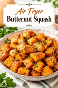 Golden brown roasted butternut squash cubes in a bowl, garnished with fresh parsley and a sprinkle of salt.