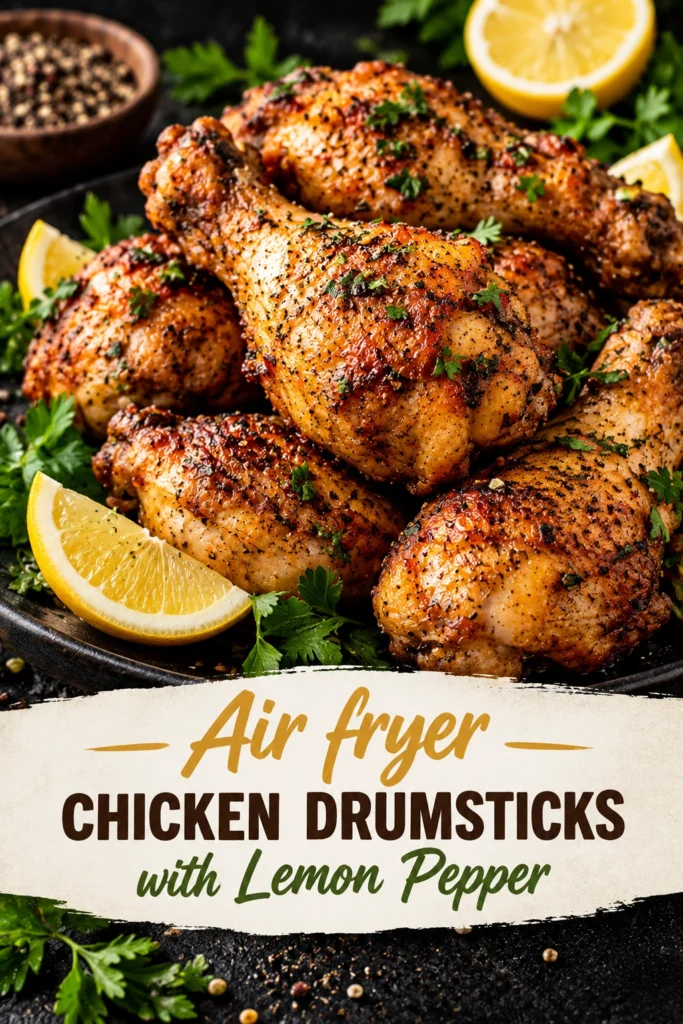 Crispy air fryer lemon pepper chicken drumsticks seasoned with cracked black pepper, served on a platter with lemon wedges.