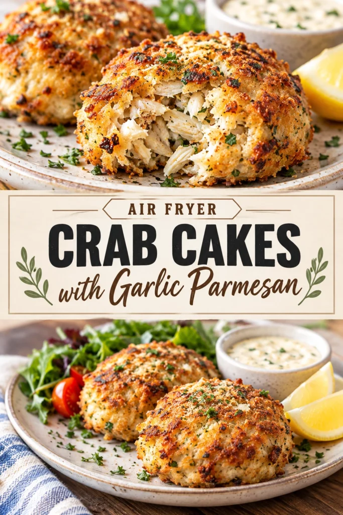 Three golden-brown air fryer crab cakes topped with melted parmesan and parsley, served on a plate with lemon wedges.