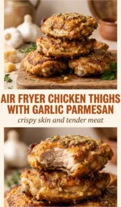 Golden brown air fryer chicken thighs coated in garlic parmesan cheese, garnished with fresh parsley on a white plate.