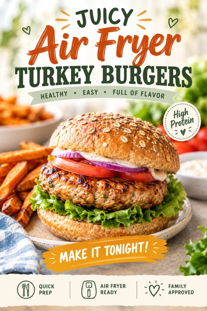 Two juicy air fryer turkey burgers on toasted buns with melted cheese, lettuce, tomato, and onion on a plate.