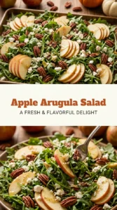 Fresh arugula salad with thinly sliced green apples, crumbled goat cheese, toasted walnuts, and a light vinaigrette dressing.