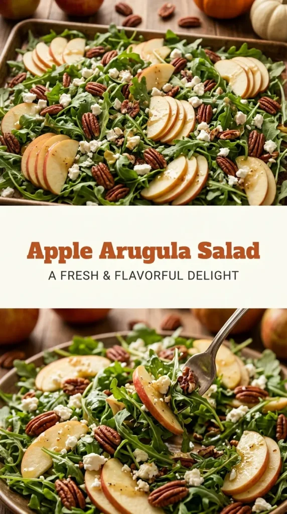 Fresh arugula salad with thinly sliced green apples, crumbled goat cheese, toasted walnuts, and a light vinaigrette dressing.