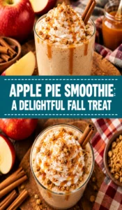 A creamy apple pie smoothie in a glass topped with a cinnamon stick and apple slices on a rustic background.