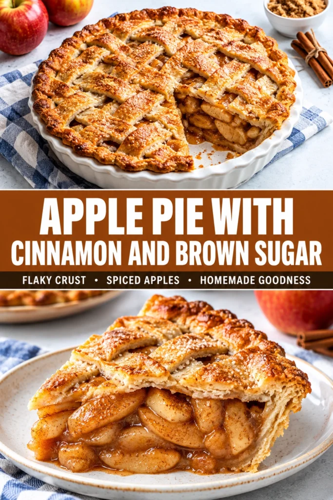 A slice of apple pie with a golden lattice crust, filled with cinnamon brown sugar apples, on a white plate.