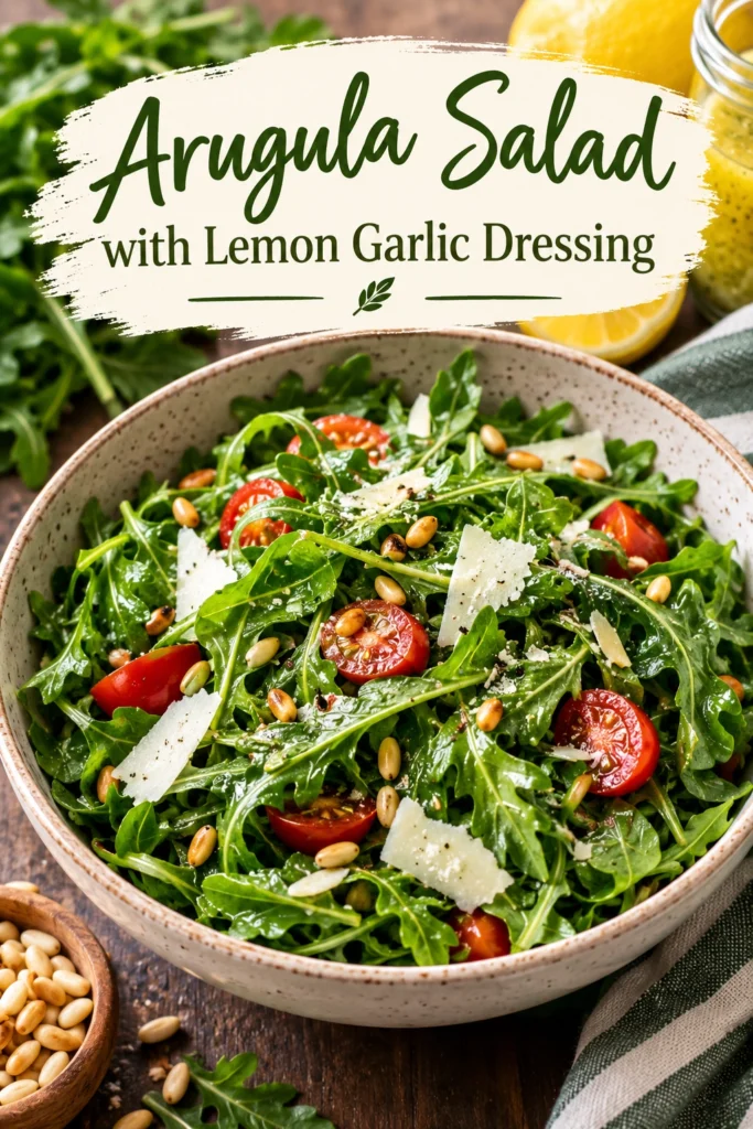 Fresh arugula salad in a white bowl tossed with lemon garlic dressing and topped with shaved parmesan cheese.