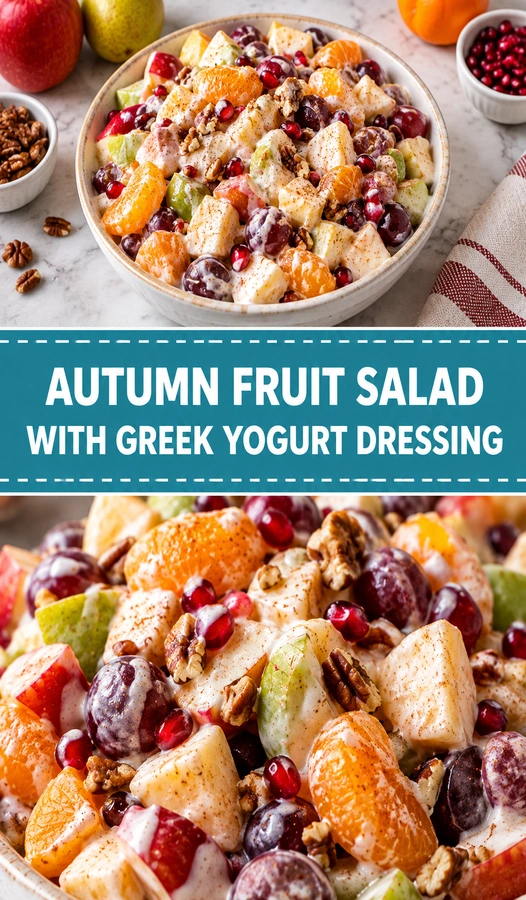 A bowl of sliced apples, pears, and pomegranate seeds drizzled with creamy Greek yogurt dressing and topped with mint.