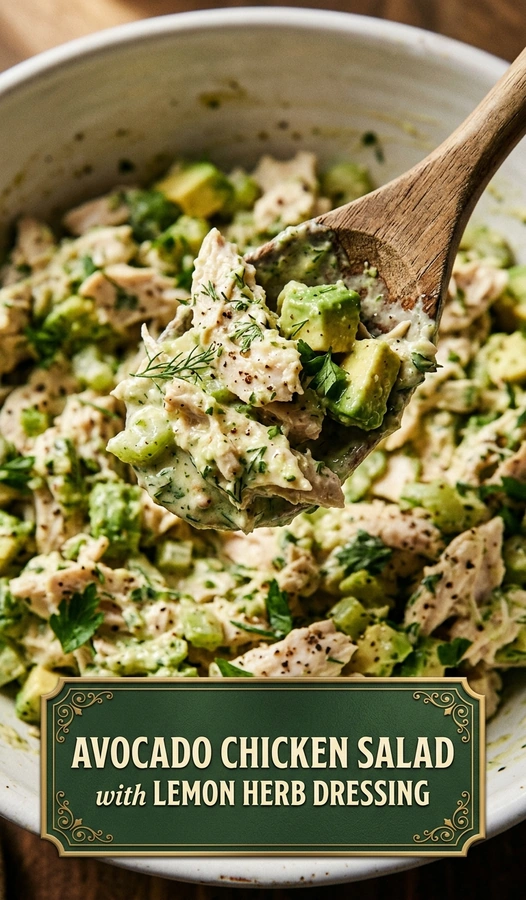 Diced chicken and creamy avocado tossed with fresh herbs and lemon dressing in a white ceramic bowl.