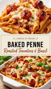 Baked penne pasta topped with melted mozzarella, roasted cherry tomatoes, and fresh basil leaves in a ceramic baking dish.