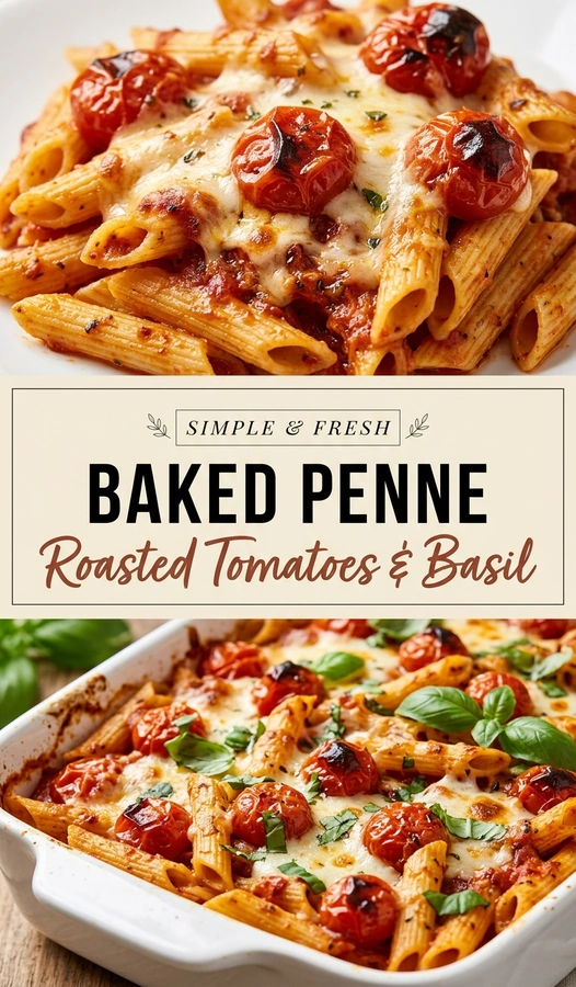 Baked penne pasta topped with melted mozzarella, roasted cherry tomatoes, and fresh basil leaves in a ceramic baking dish.