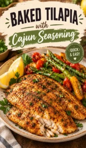 Baked tilapia fillets coated in red Cajun seasoning, served on a platter with lemon wedges and fresh parsley garnish.