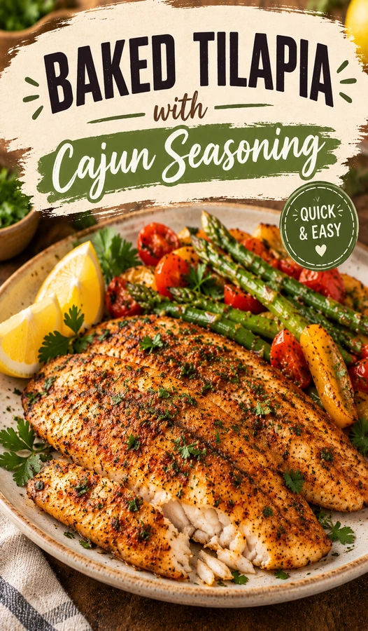 Baked tilapia fillets coated in red Cajun seasoning, served on a platter with lemon wedges and fresh parsley garnish.