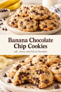 A stack of soft, golden-brown banana chocolate chip cookies on a cooling rack, showing melted chocolate chips and texture.