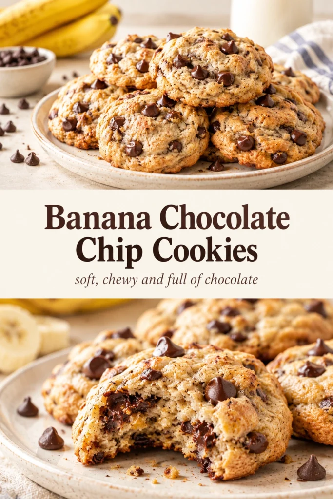A stack of soft, golden-brown banana chocolate chip cookies on a cooling rack, showing melted chocolate chips and texture.