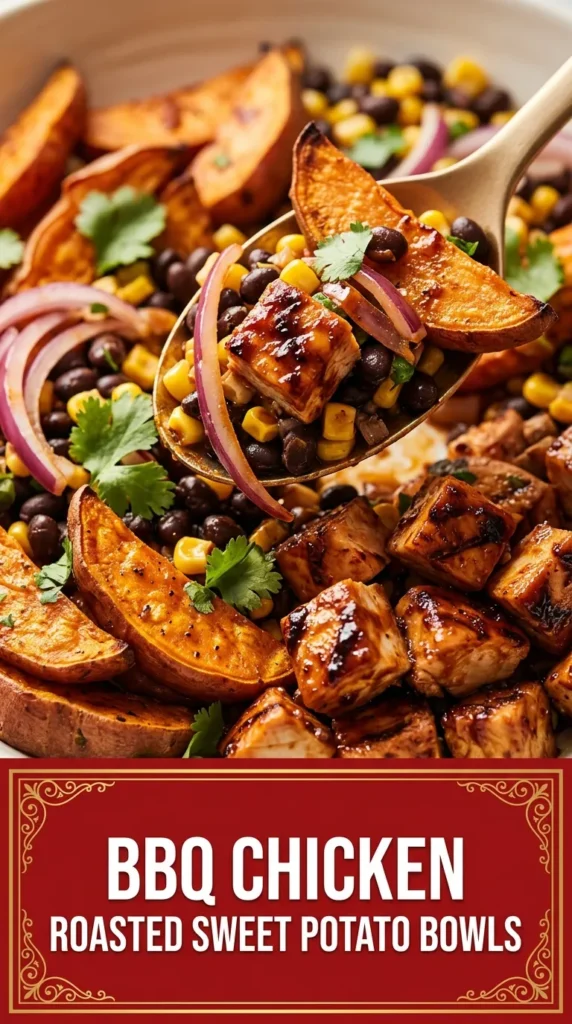 Roasted sweet potato halves stuffed with shredded BBQ chicken, topped with sliced green onions and fresh cilantro.