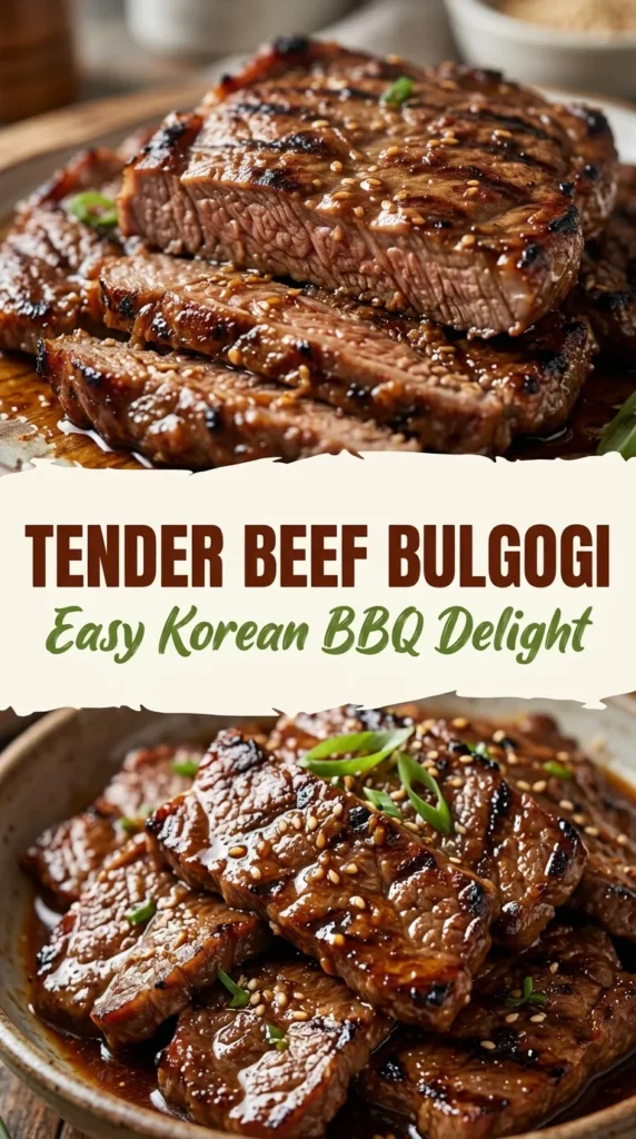 Thinly sliced marinated beef bulgogi seared with onions and carrots, served in a bowl with sesame seeds and scallions.