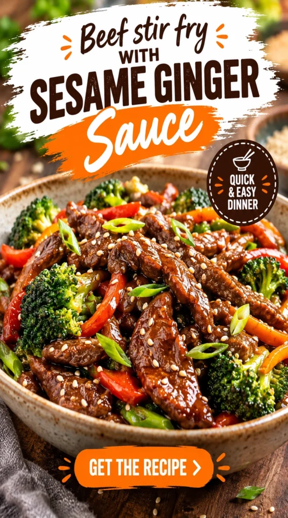 Slices of beef stir fry with broccoli and bell peppers in a glossy sesame ginger sauce, topped with sesame seeds.