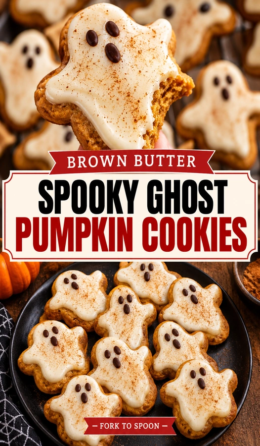 Ghost-shaped pumpkin cookies made with brown butter, topped with small chocolate chip eyes on a baking sheet.